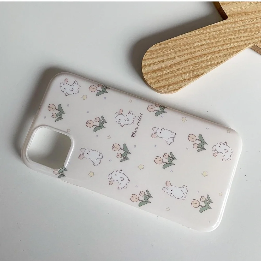 Cream White Floral Bunny Phone Case for iPhone 12 NEW